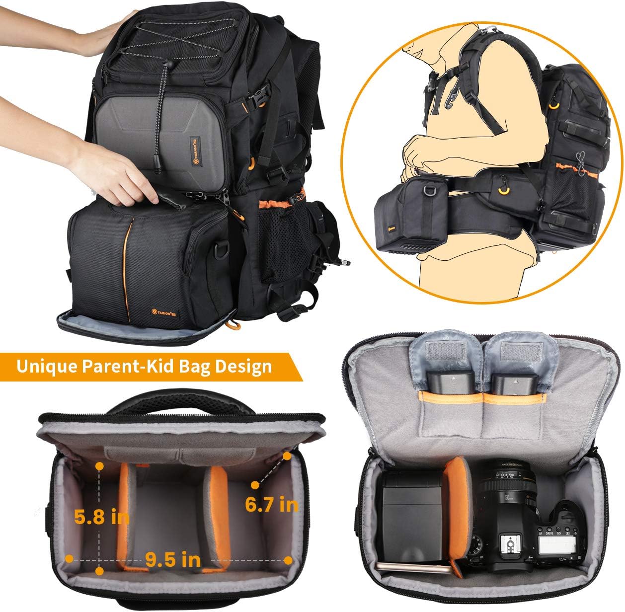 TARION 2 Bags in 1 Extra Large 27L Camera Backpack Large with 15.6" - Image 4
