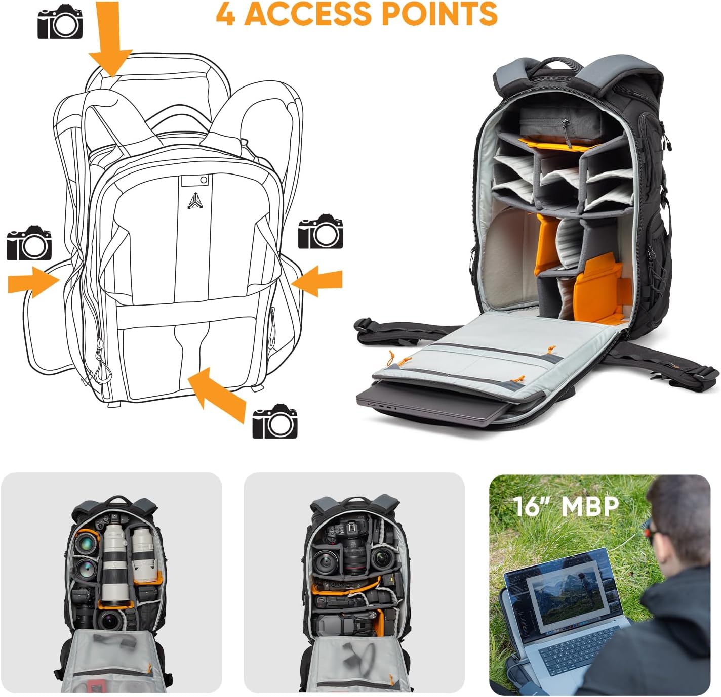 Lowepro ProTactic BP 450 AW III Camera Backpack, 4-point Access, Professional Camera Bag, DSLR/Drones/Mirrorless - Image 4